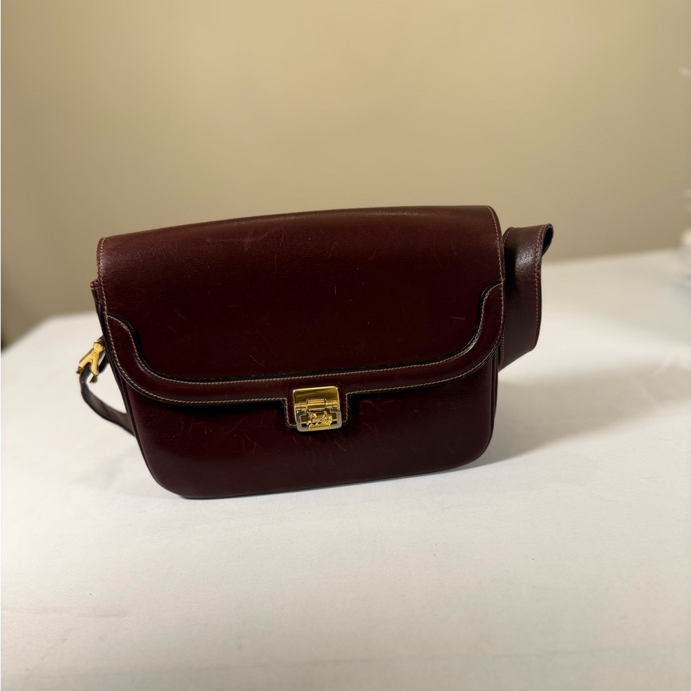 Vintage Celine Paris Burgundy Box Leather Shoulder Bag Gold Turn Lock - Picture 2 of 13